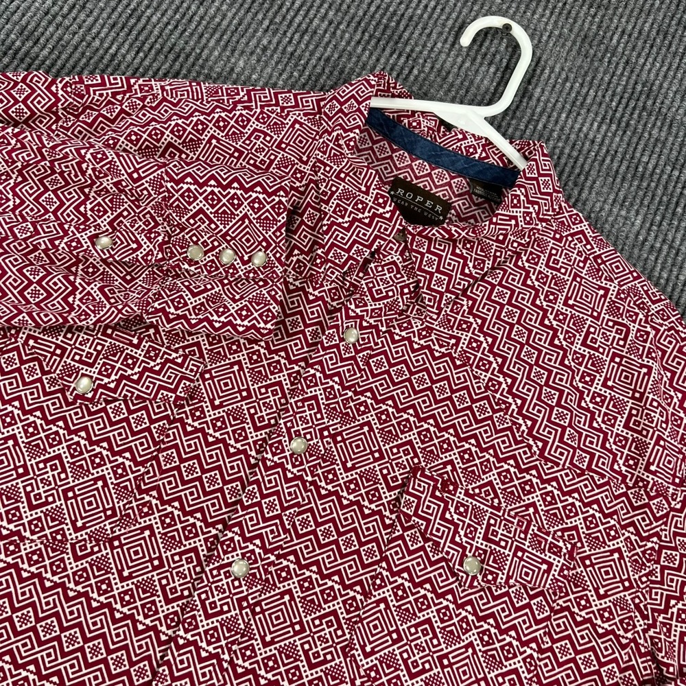 Roper Shirt Mens 2XL XXL Red Geometric Long Sleeve Pearl Snap Western Rodeo